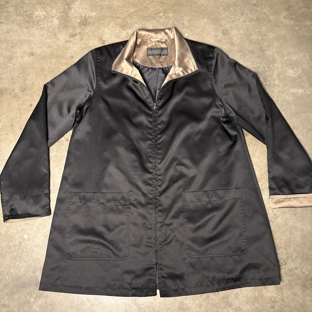 Kristen Blake Satin Black Gold‎ BronzeWomens Top Coat Jacket Trench Zipper L